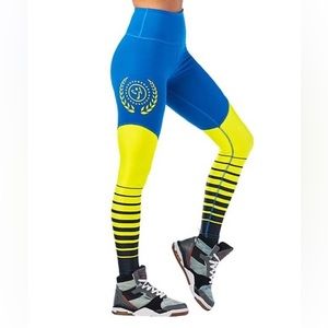 Zumba® | Jersey Blue & Yellow Stripe High-Waist Leggings - Women M